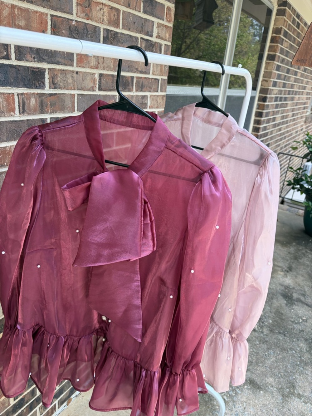 SHEIN Raspberry & Dusty Pink Sheer Tie-Neck Button Down Blouses
